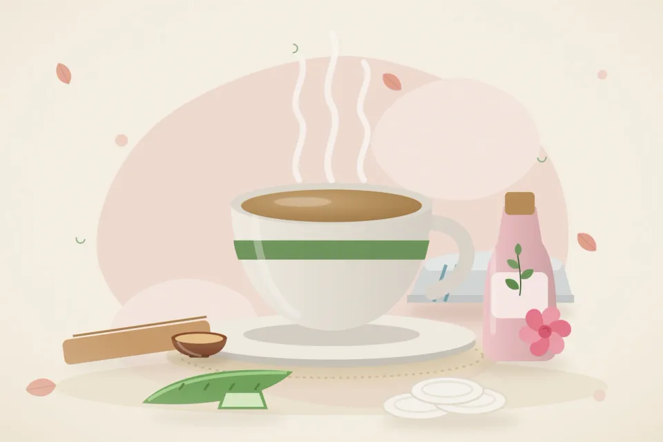 Illustrated still life with sandalwood, rose water, aloe vera, cotton pads, a folded cloth.
