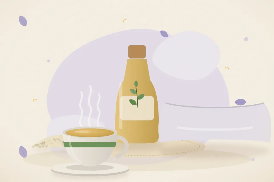 A dim kitchen counter with a glass of warm water, a tiny bowl of sesame oil, and a phone lying face down.