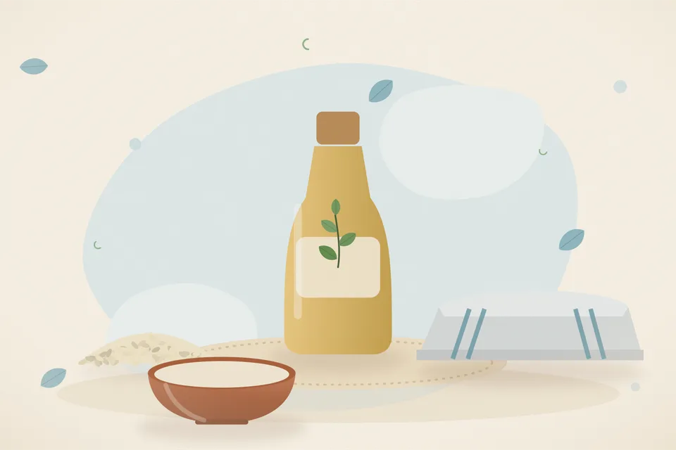 A tiny bowl of sesame oil and a folded cotton cloth on a wooden table, beside a bottle of sesame oil.