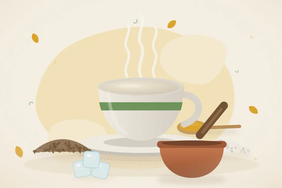 Illustrated still life with cumin seeds, rock salt, ice.