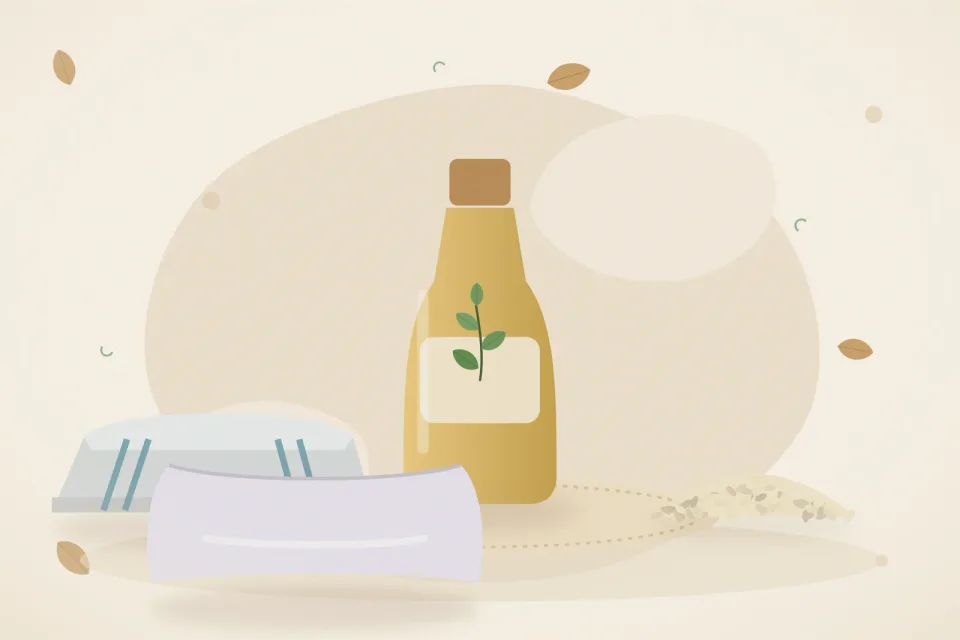 Illustrated still life with a folded cloth, sesame seeds, a soft pillow.