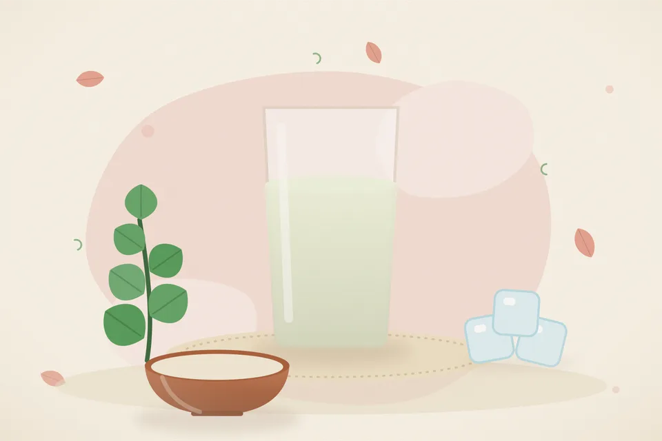 A piece of bottle gourd, mint leaves and a brass cup of water on a wooden board