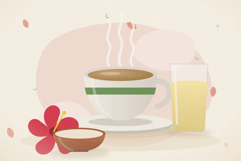 Dried hibiscus petals in a brass bowl beside a cup of plain water on a wooden board