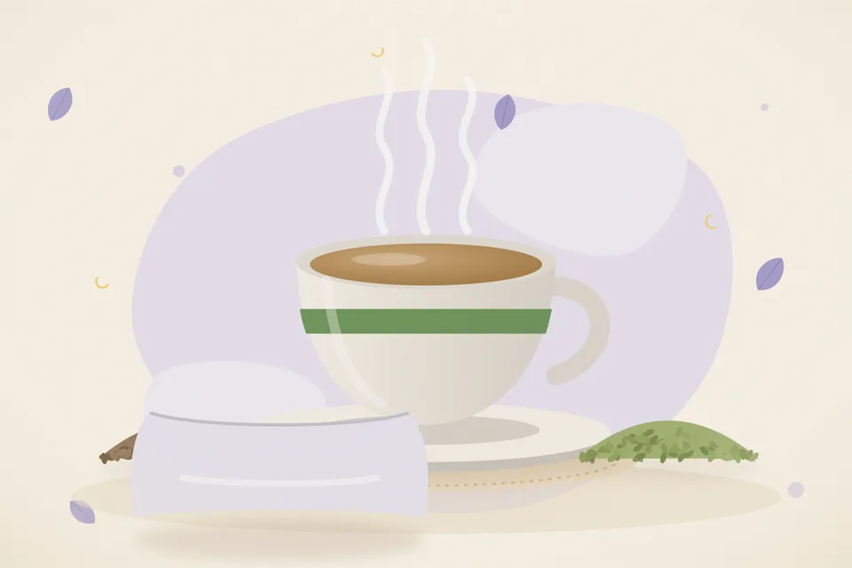 A cup of warm water with cumin and fennel seeds steeping, and a small dish of each spice, on a kitchen counter.