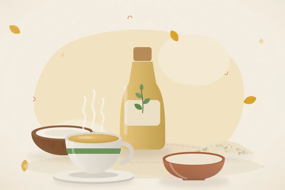 Two small bowls, one of coconut oil and one of sesame oil, with a steel spoon on a wooden tray, kitchen still life.