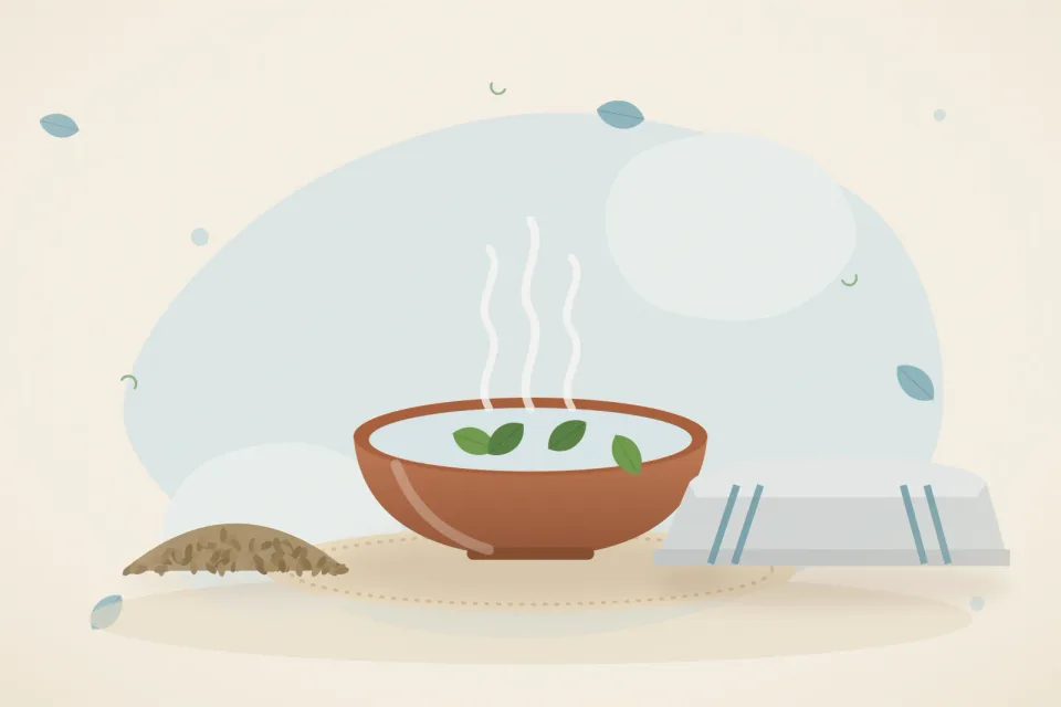 Illustrated still life with ajwain seeds, a folded cloth.