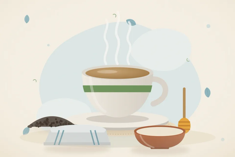 Illustrated still life with black pepper, honey.