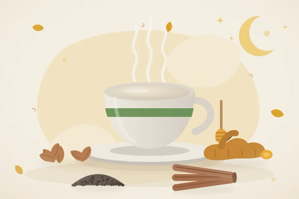Illustrated still life with almonds, turmeric root, black pepper, cinnamon, honey.