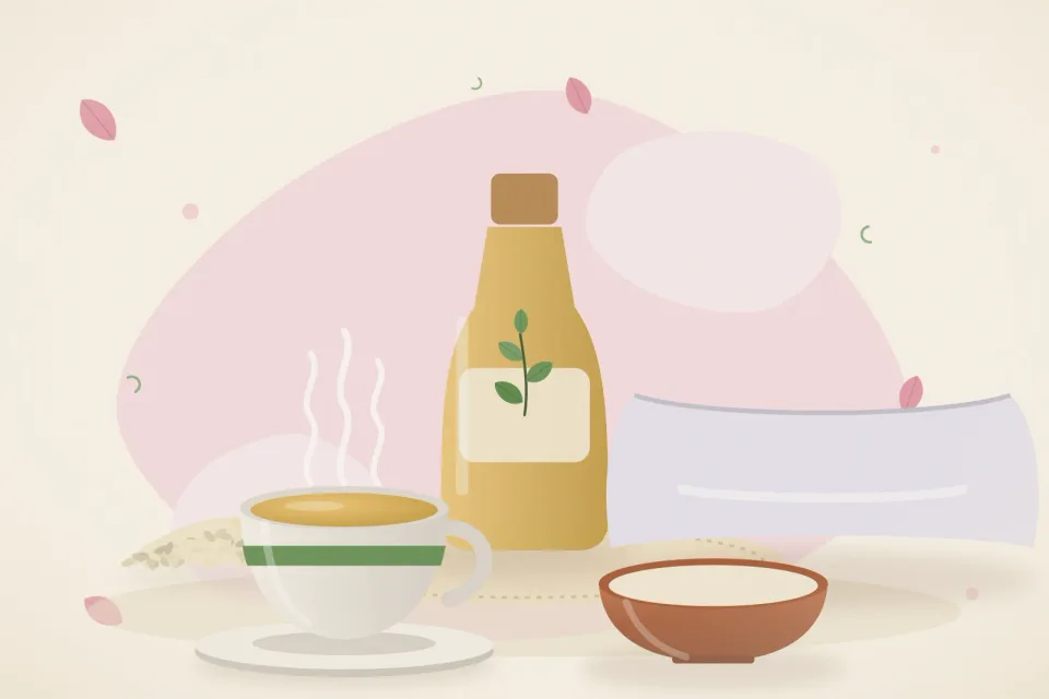 Illustrated still life with sesame seeds, a soft pillow.