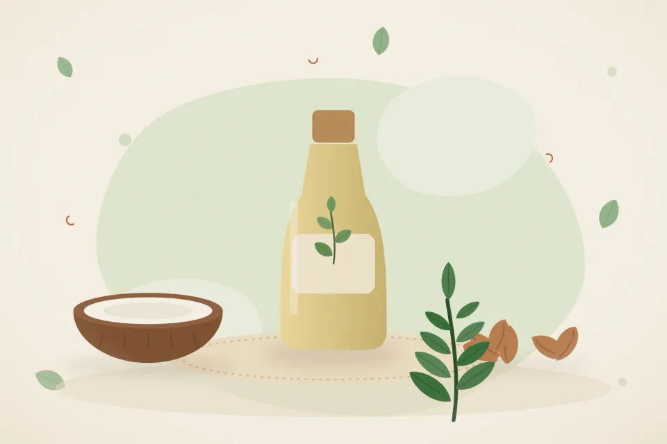 Bottle of castor oil, half a coconut, almonds and a sprig of curry leaves on a leaf-green background