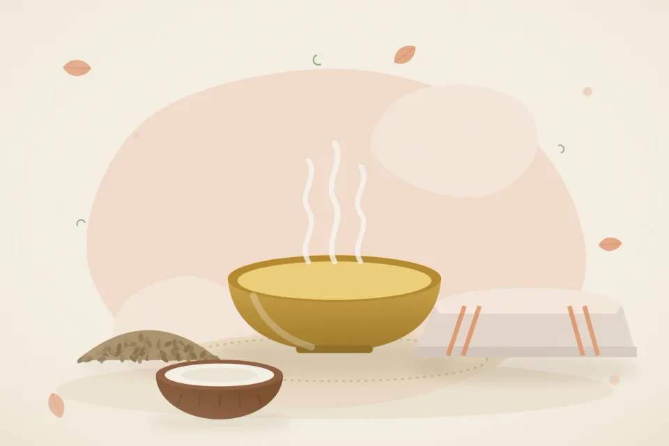 Small cloth potli of ajwain seeds, a bowl of warm coconut oil and a soft folded cloth on a peach background