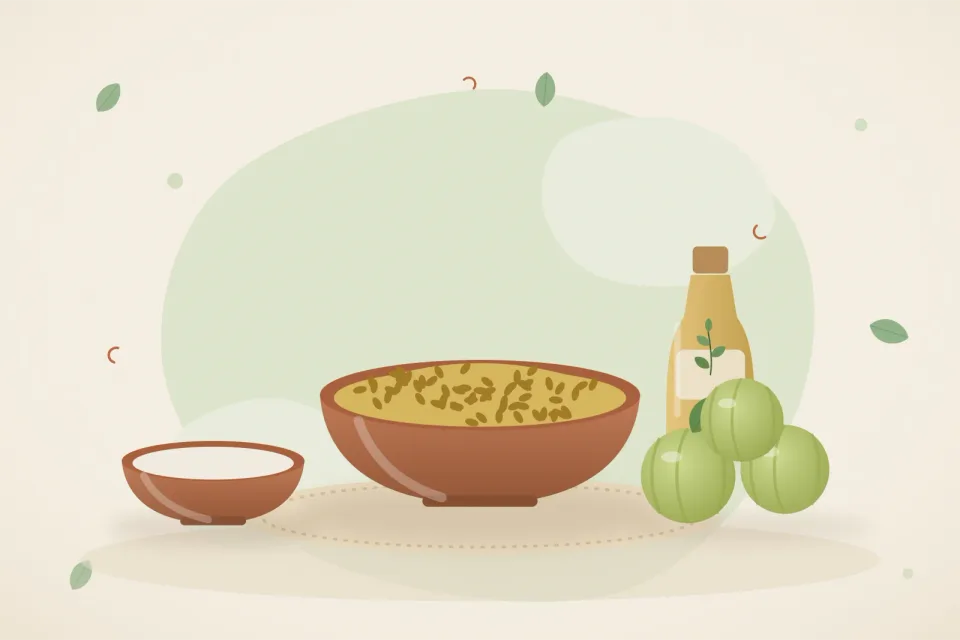 Bowl of soaked methi seeds, a bowl of curd, amla and a bottle of hair oil on a leaf-green background