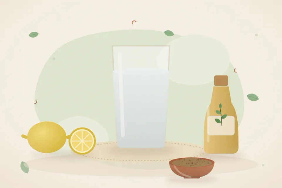 Lemons, a tall glass of clear water, a bottle of oil and a small bowl of shikakai powder on a leaf-green background