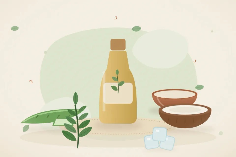 Illustrated still life with aloe vera, coconut, neem leaves, ice.
