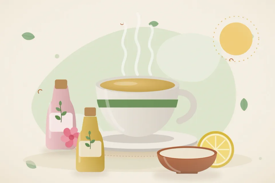 Illustrated still life with rose water, lemon.