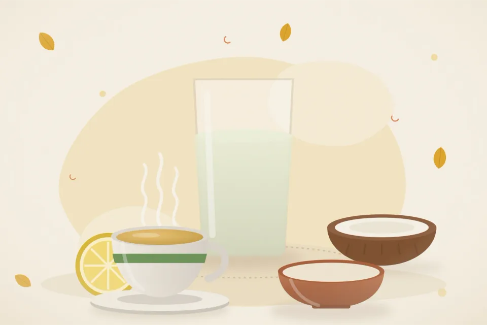 Illustrated still life with lemon, coconut.
