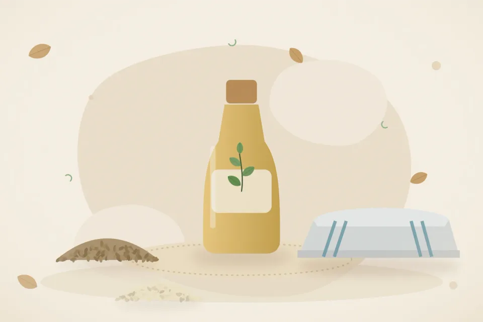 Illustrated still life with ajwain seeds, a folded cloth, sesame seeds.