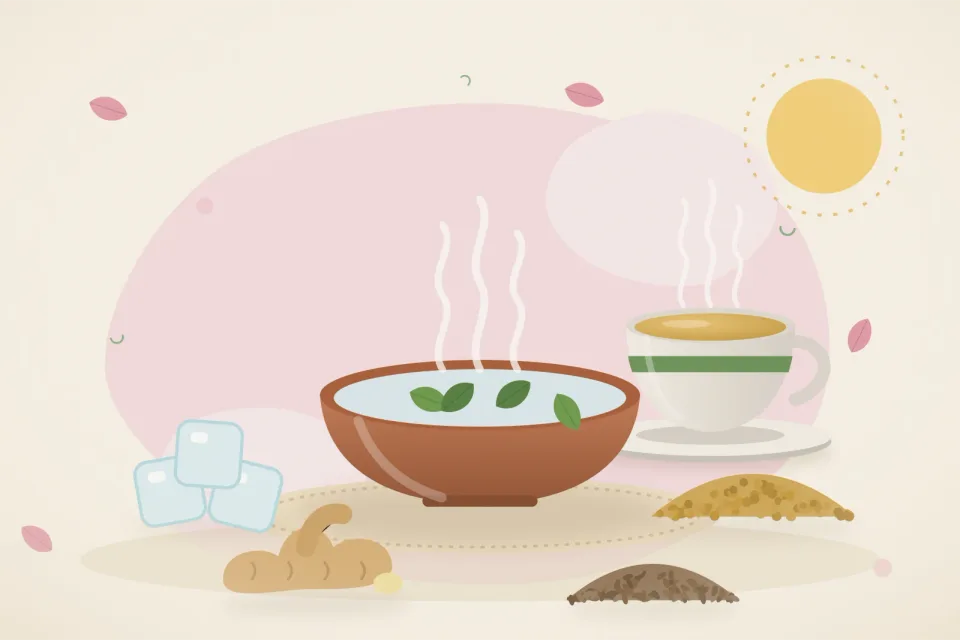 Illustrated still life with ice, fenugreek seeds, fresh ginger, cumin seeds.