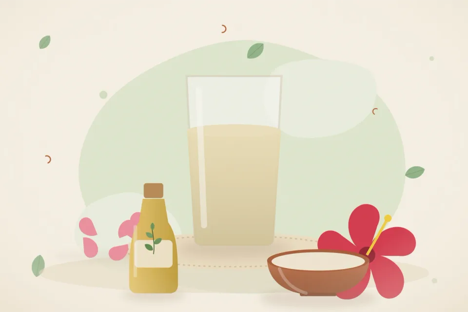 Illustrated still life with rose petals, hibiscus.